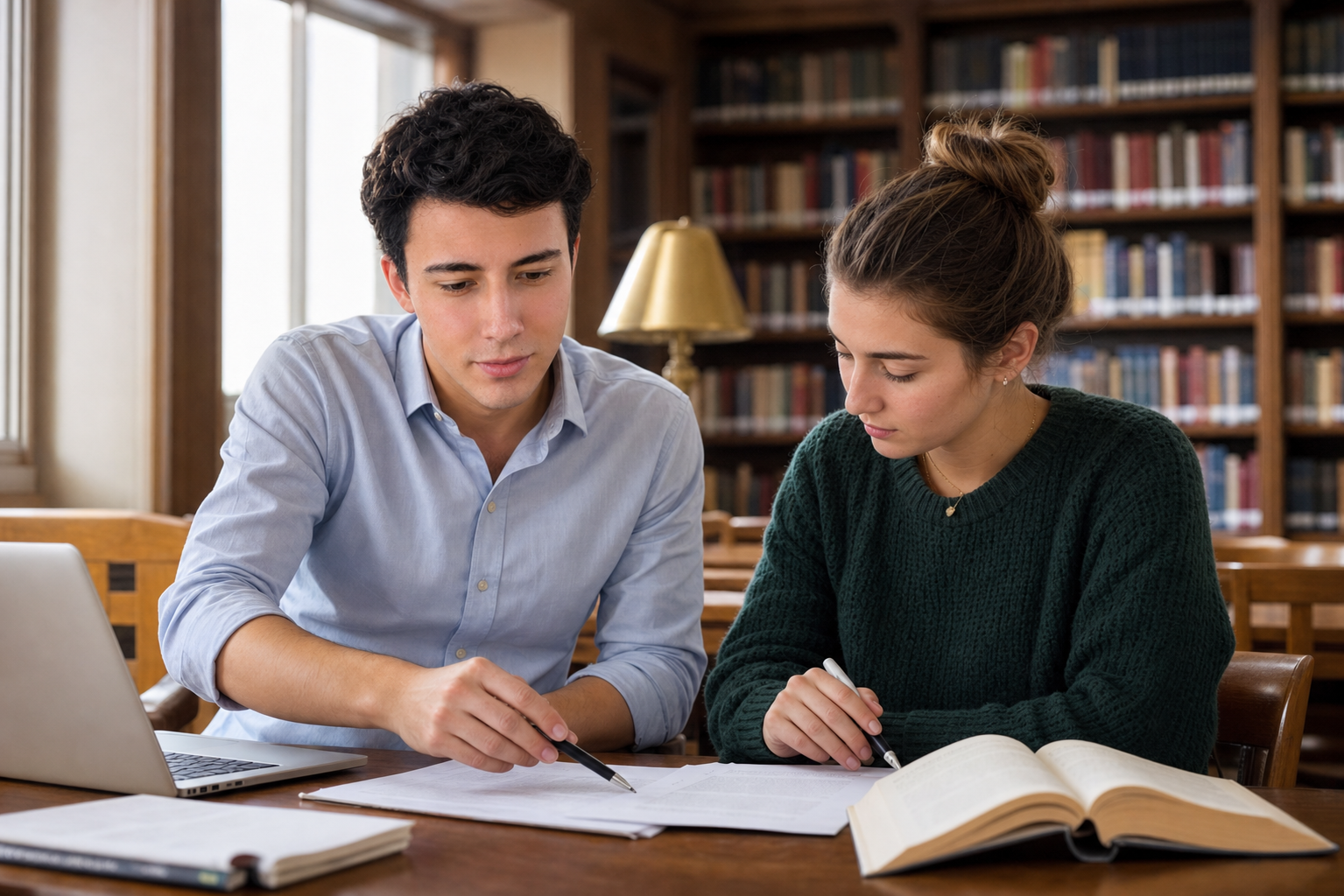 Garrett helping a college-aged student work through an essay in a library