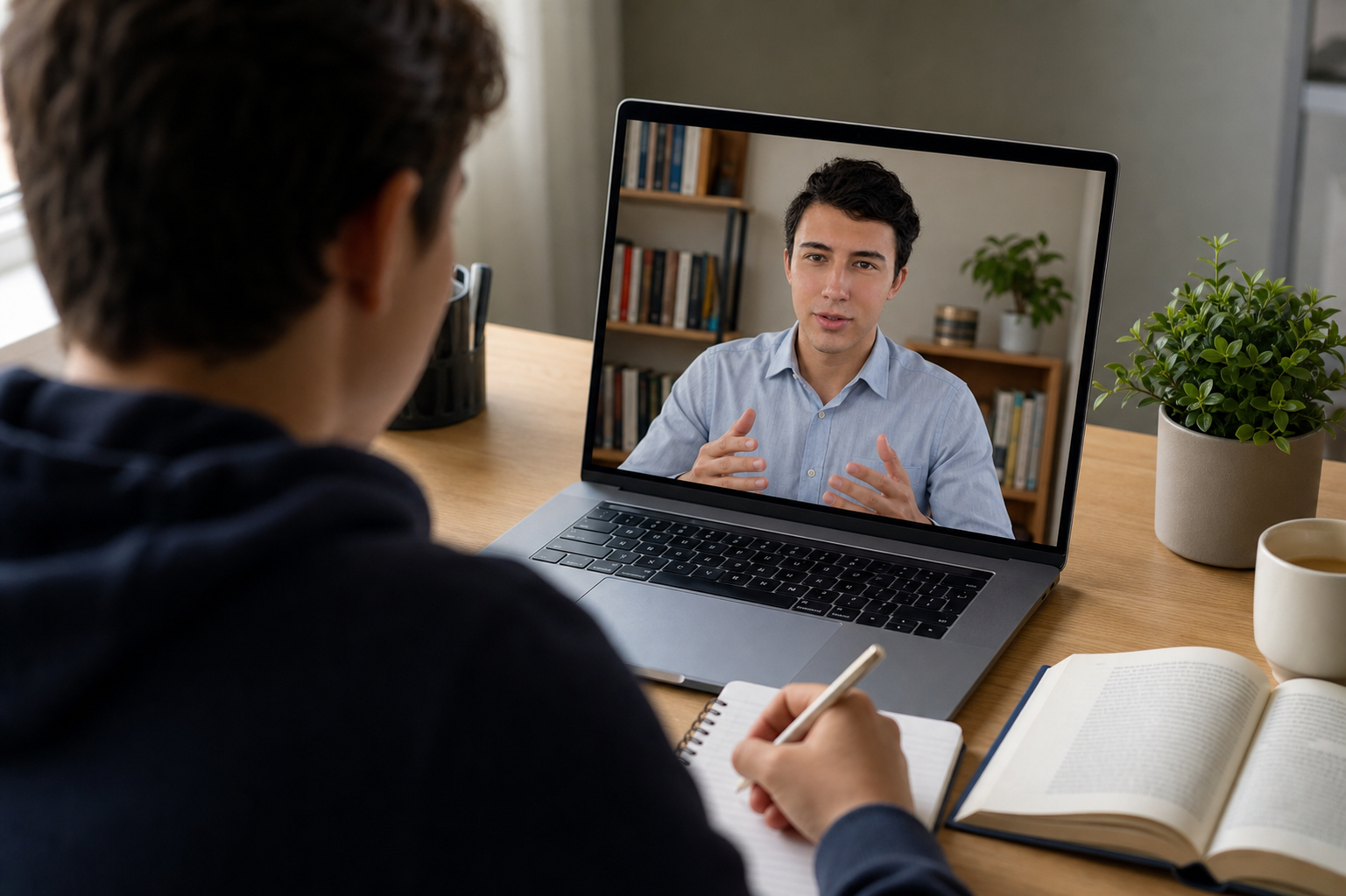 A student taking notes during an online tutoring session with Garrett